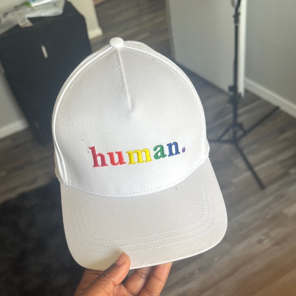 White Cap with Multicolor 'human' Embroidery